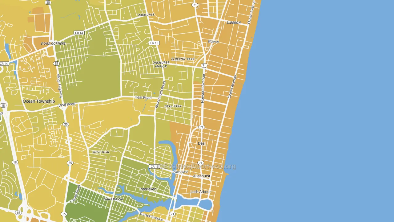Map of the best neighborhoods in the Deal area, with better matches in green and worse matches in red