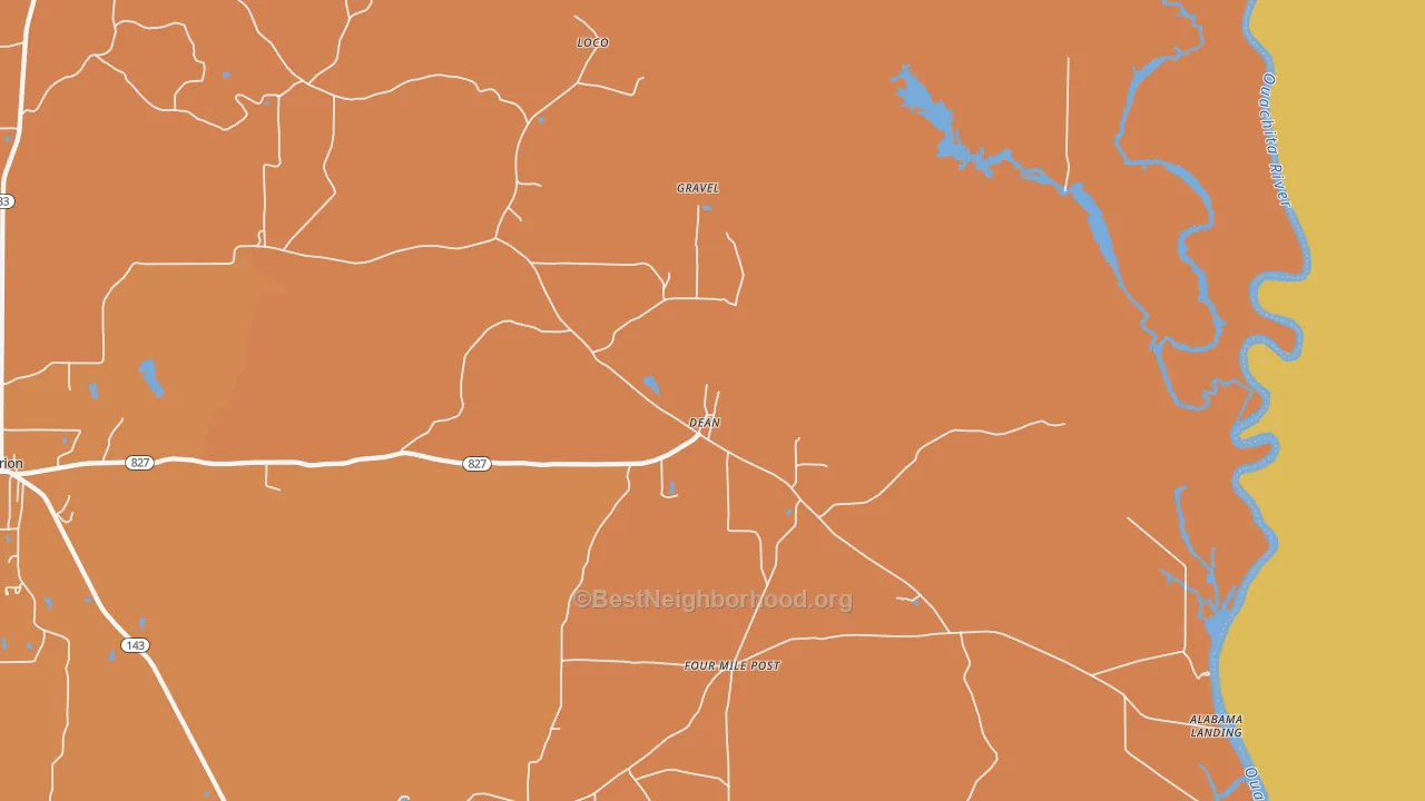 Map of the best neighborhoods in the Dean area, with better matches in green and worse matches in red