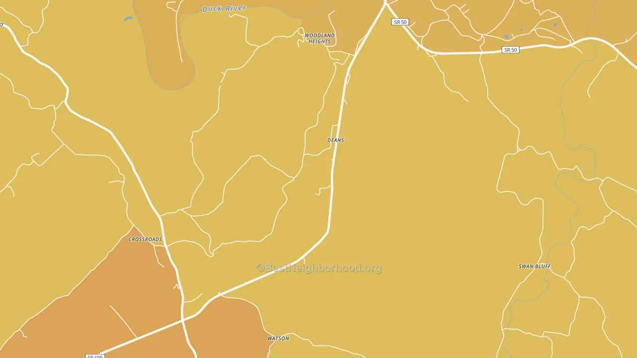 Map of the best neighborhoods in the Deans area, with better matches in green and worse matches in red