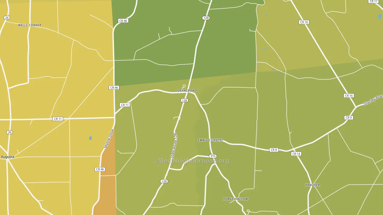 Map of the best neighborhoods in the Deansboro area, with better matches in green and worse matches in red
