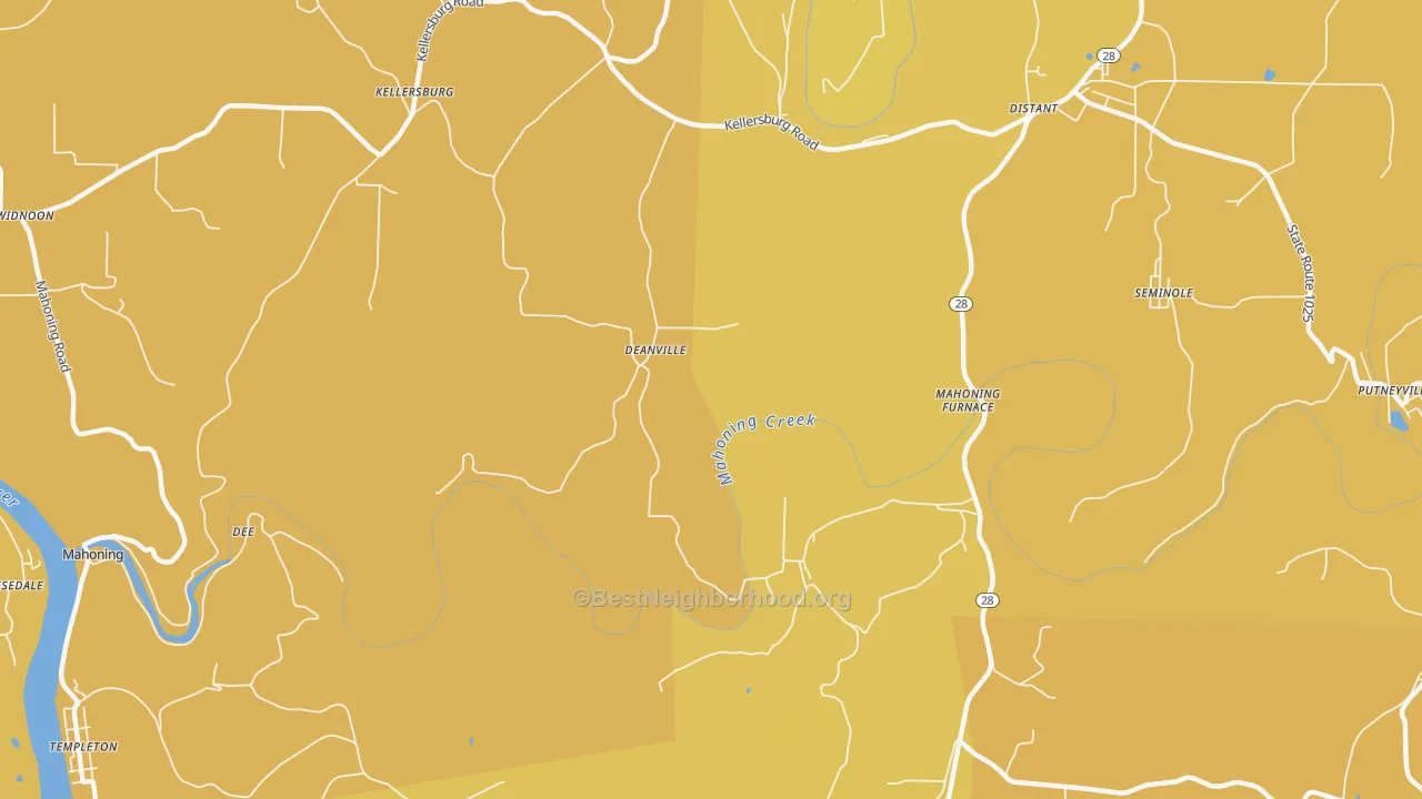 Map of the best neighborhoods in the Deanville area, with better matches in green and worse matches in red