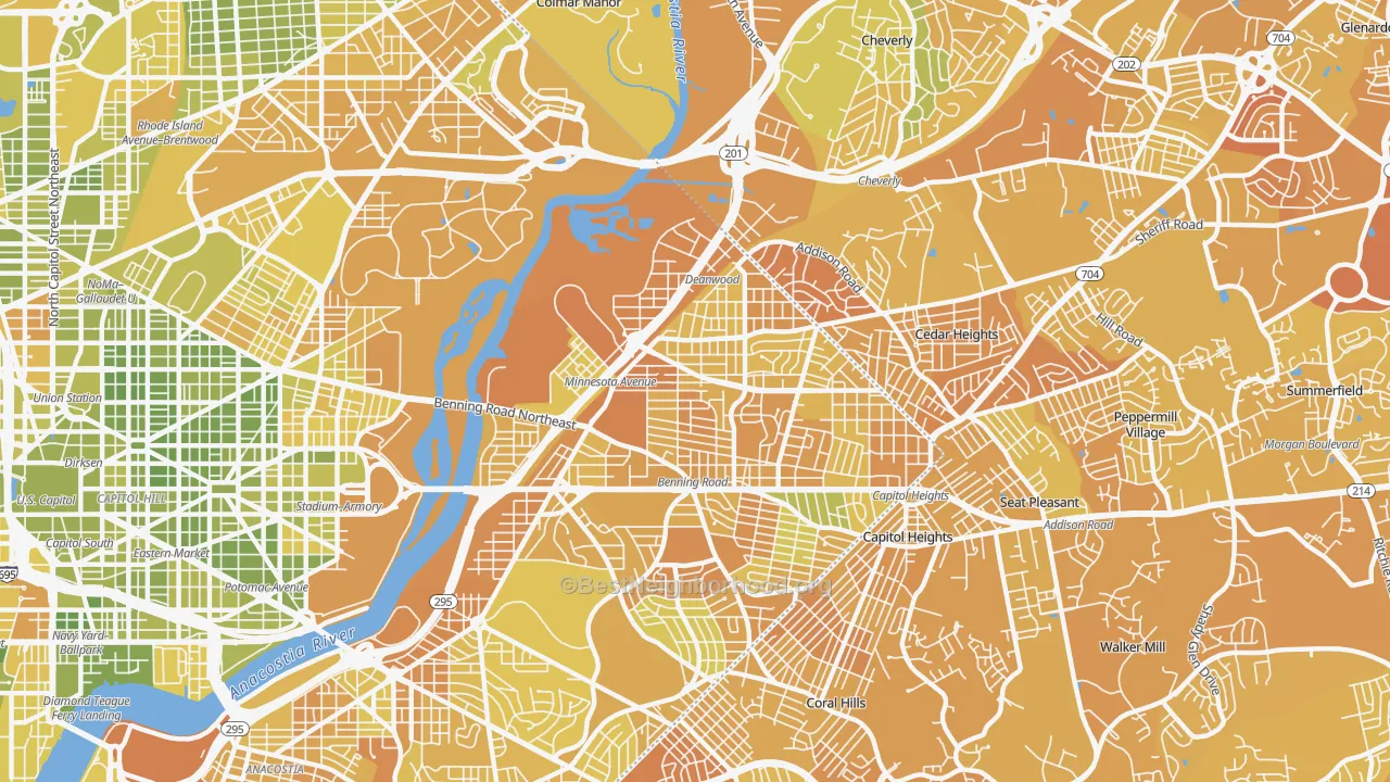 Map of the best neighborhoods in the Deanwood, Washington area, with better matches in green and worse matches in red