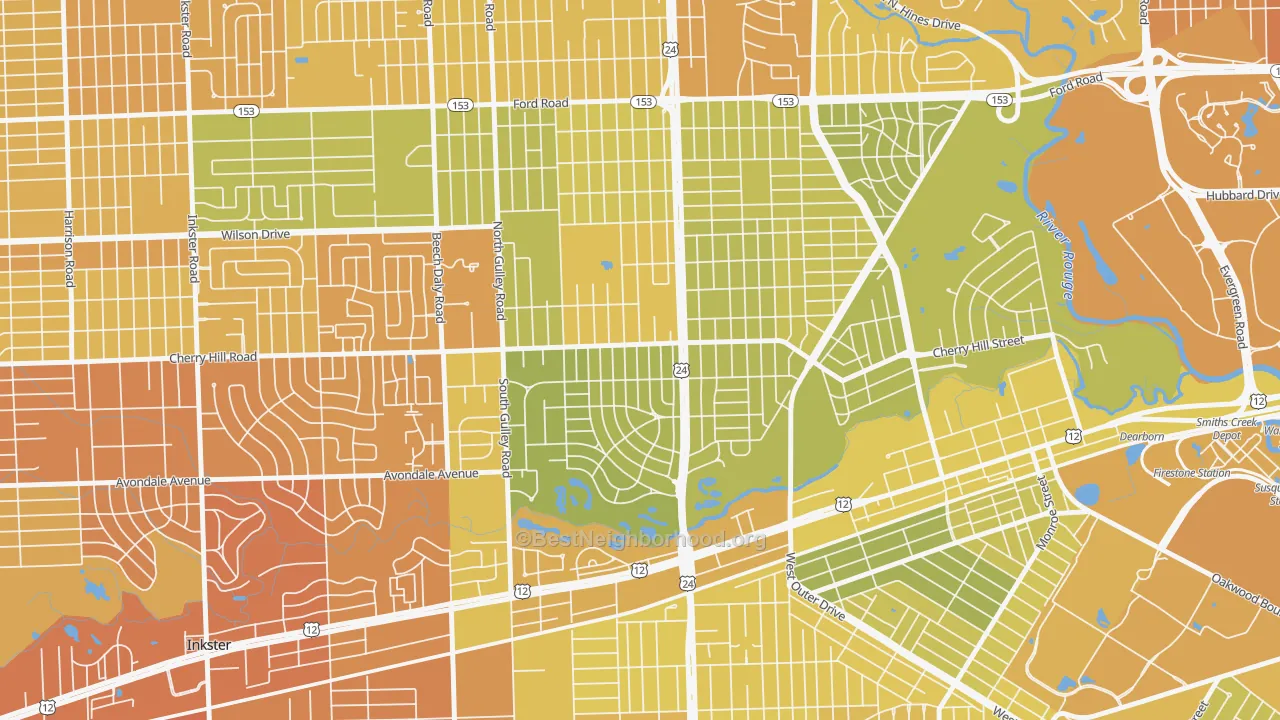 Map of the best neighborhoods in the Dearborn Hills, Dearborn area, with better matches in green and worse matches in red