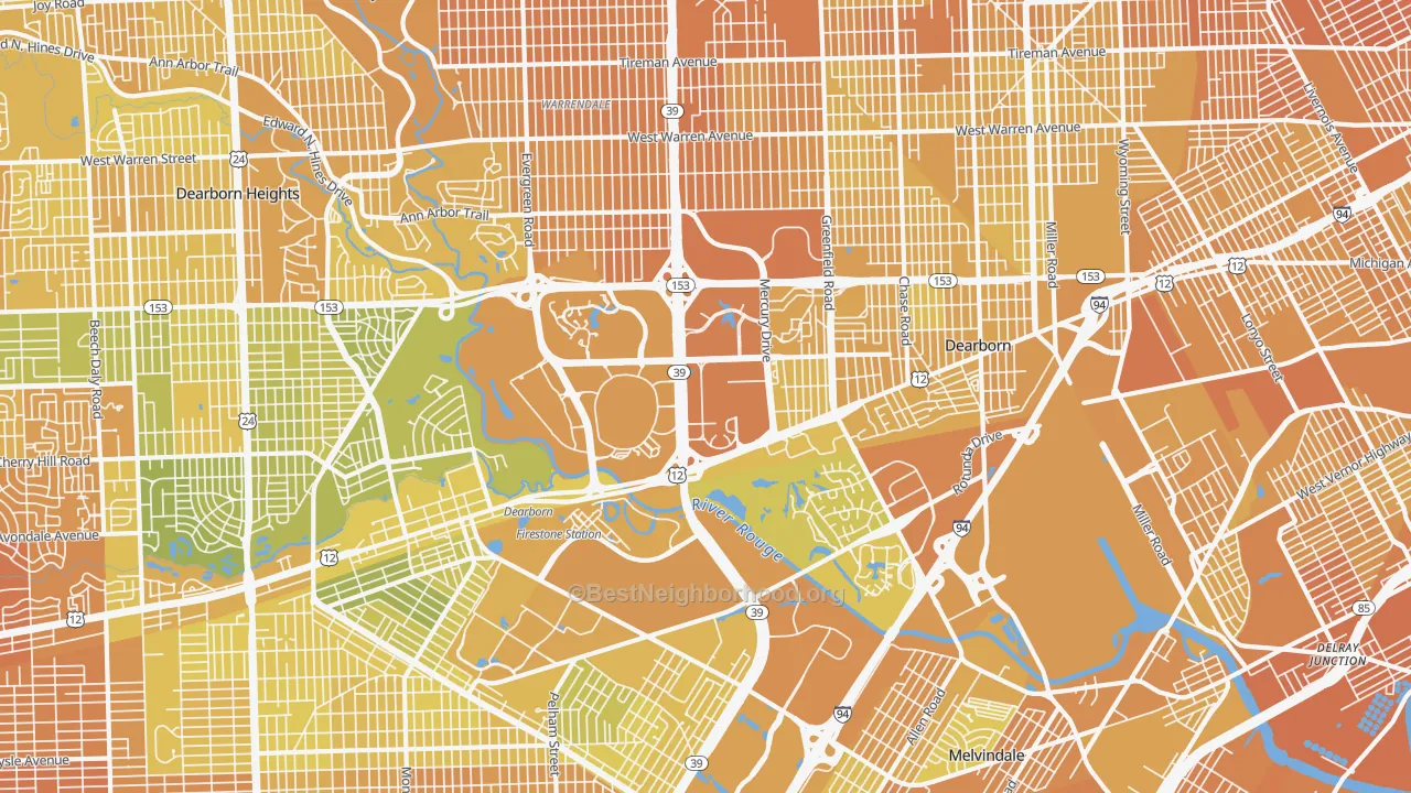 Map of the best neighborhoods in the Dearborn area, with better matches in green and worse matches in red