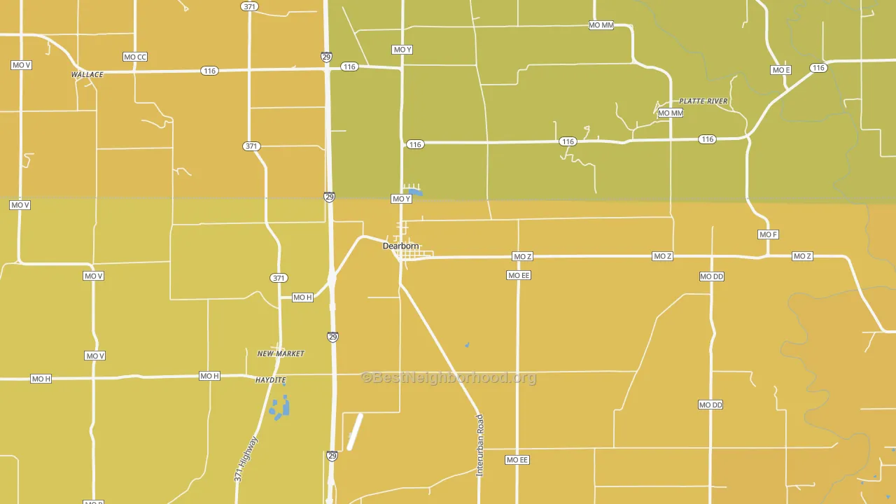 Map of the best neighborhoods in the Dearborn area, with better matches in green and worse matches in red