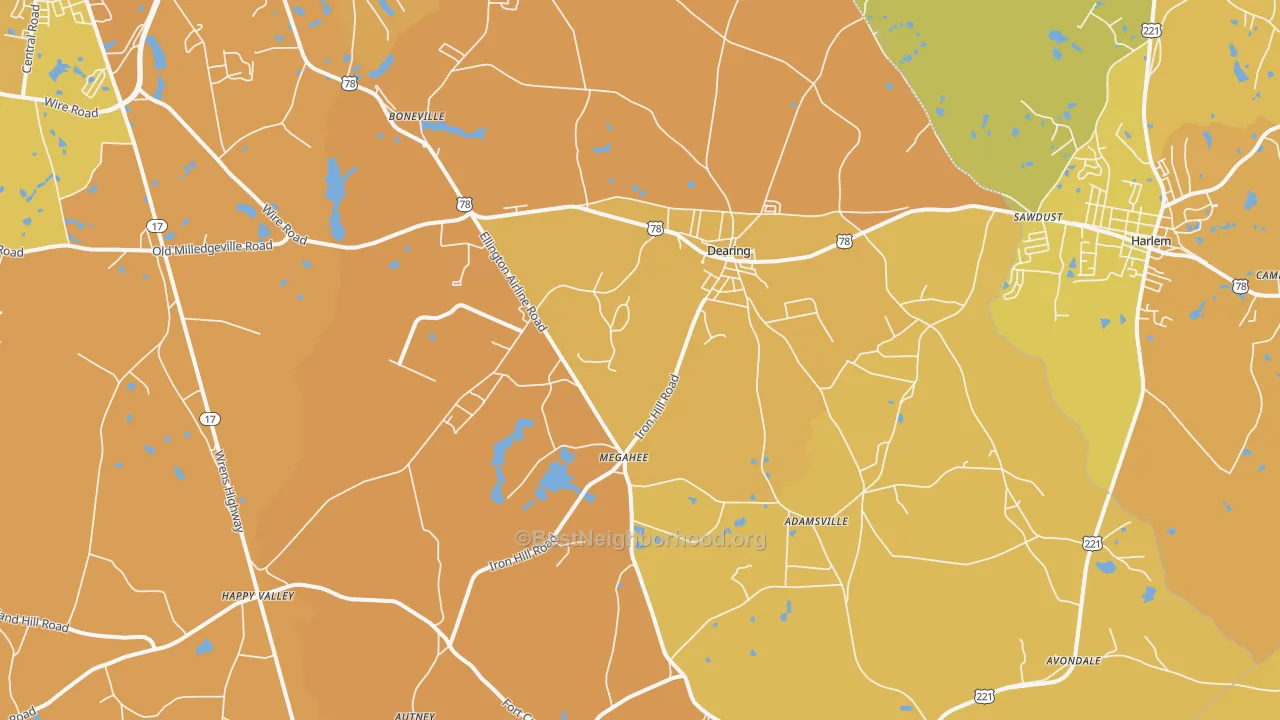 Map of the best neighborhoods in the Dearing area, with better matches in green and worse matches in red