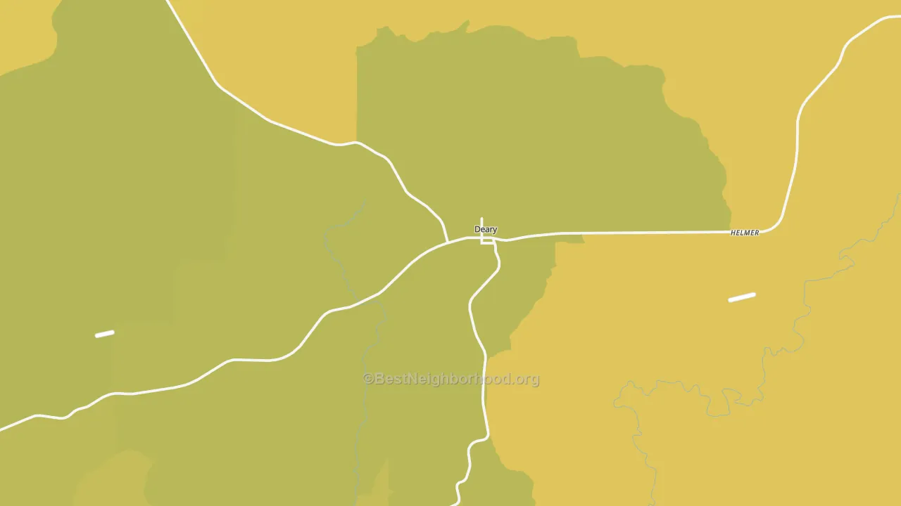 Map of the best neighborhoods in the Deary area, with better matches in green and worse matches in red