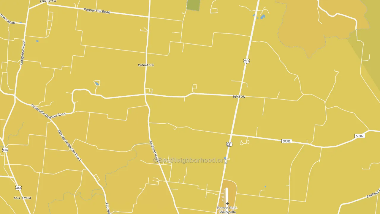 Map of the best neighborhoods in the Deason area, with better matches in green and worse matches in red