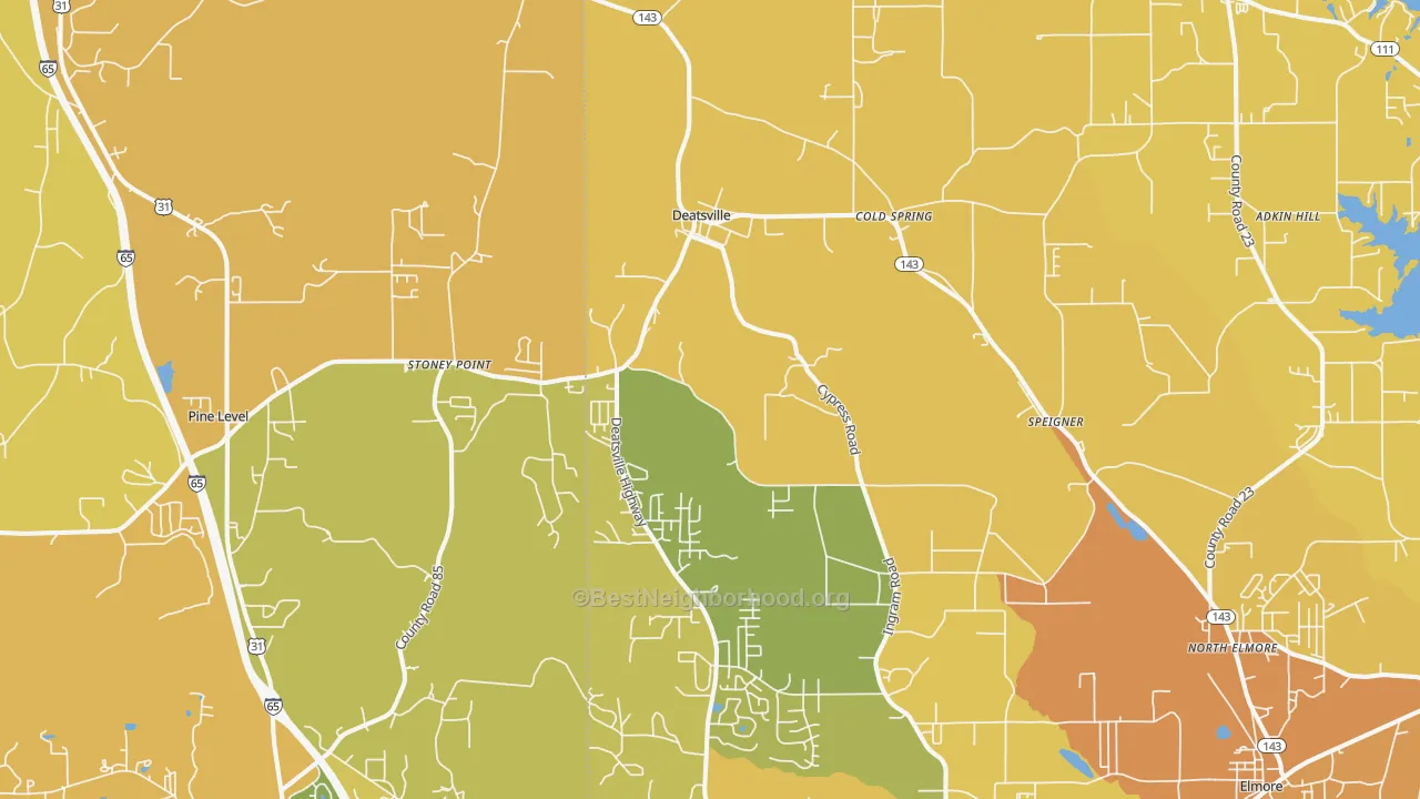 Map of the best neighborhoods in the Deatsville area, with better matches in green and worse matches in red