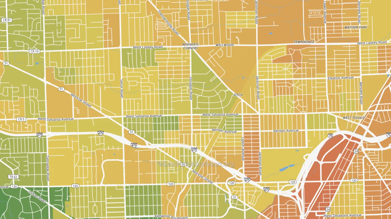 Map of the best neighborhoods in the Deaveaux, Toledo area, with better matches in green and worse matches in red