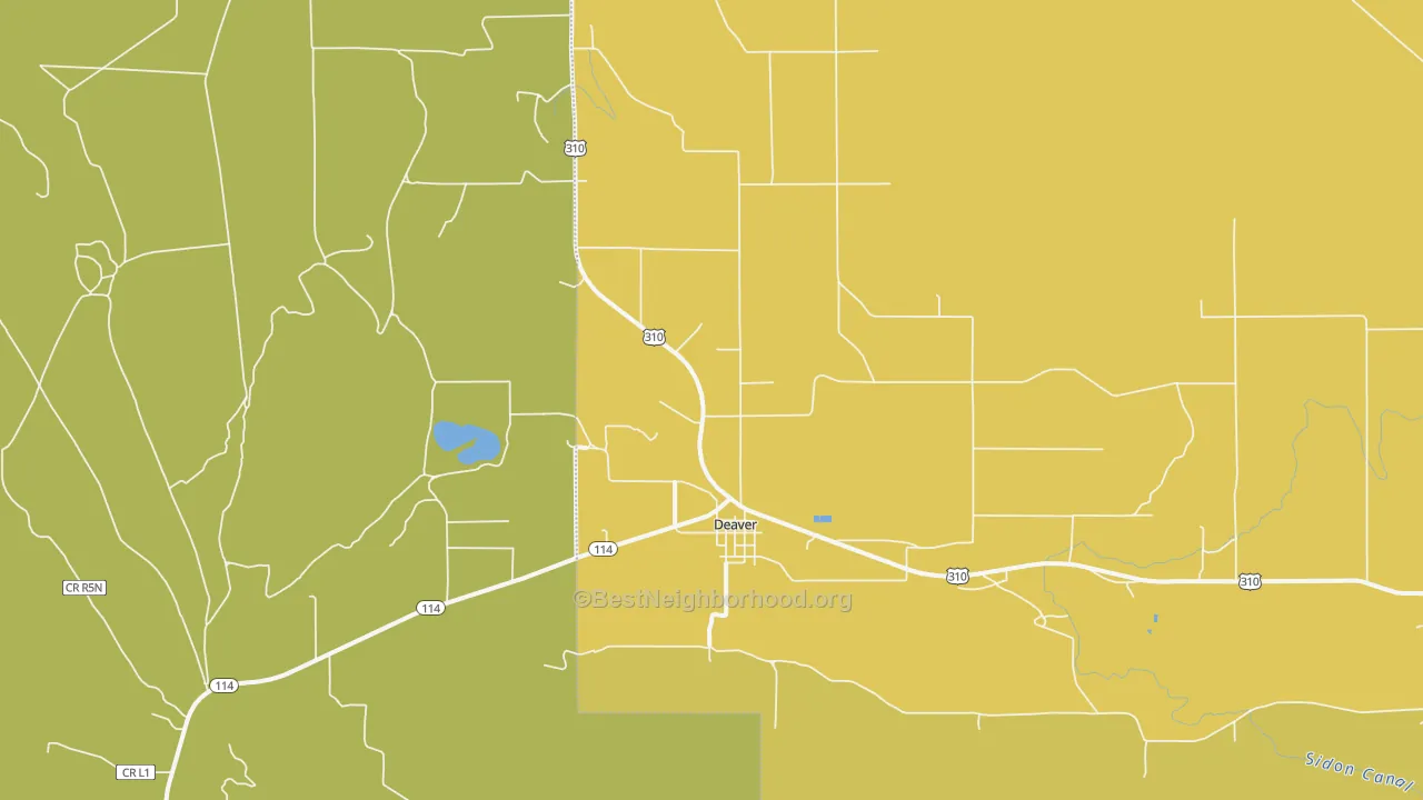 Map of the best neighborhoods in the Deaver area, with better matches in green and worse matches in red