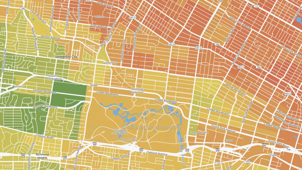 Map of the best neighborhoods in the Debaliviere Place, St. Louis area, with better matches in green and worse matches in red