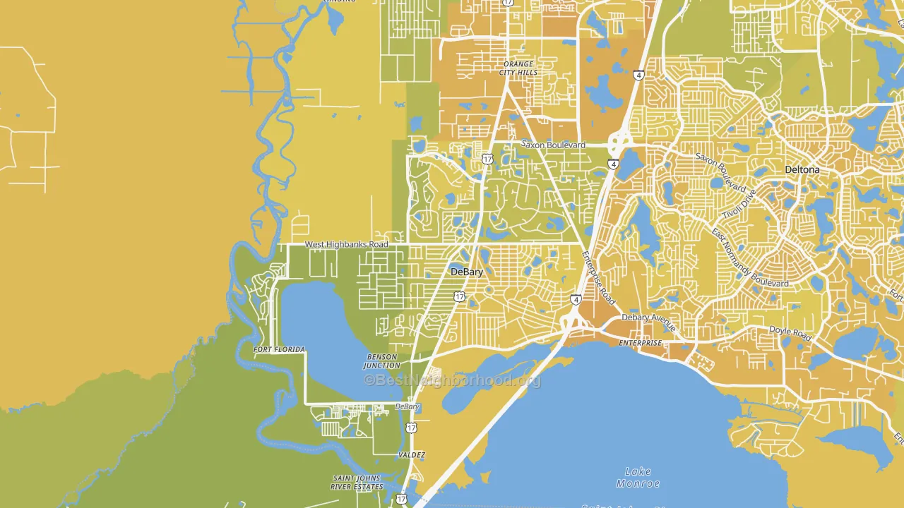 Map of the best neighborhoods in the DeBary area, with better matches in green and worse matches in red