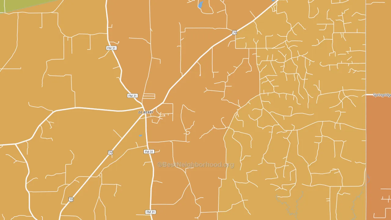 Map of the best neighborhoods in the DeBerry area, with better matches in green and worse matches in red