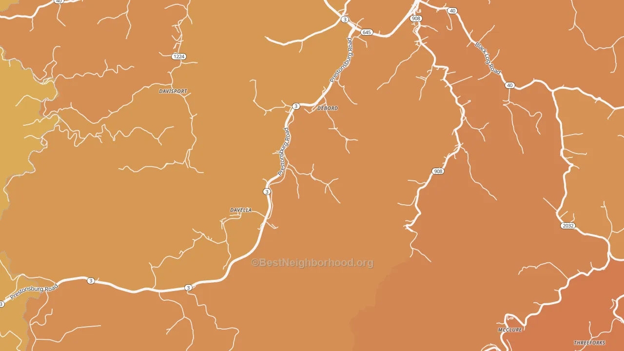 Map of the best neighborhoods in the DeBord area, with better matches in green and worse matches in red