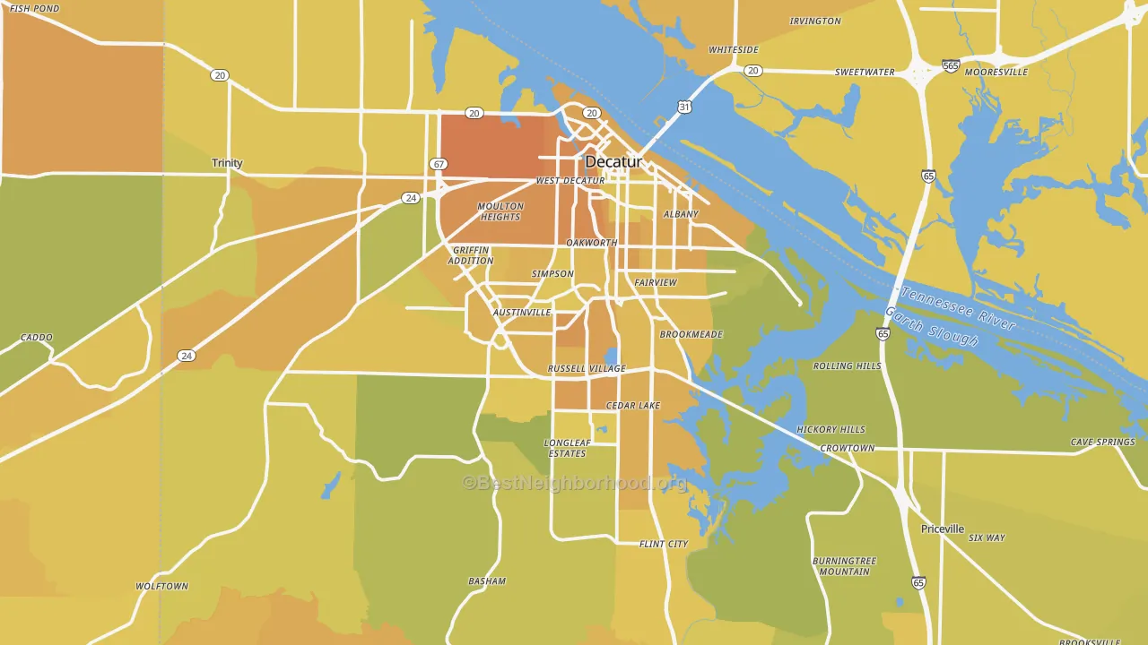 Map of the best neighborhoods in the Decatur Metro area, with better matches in green and worse matches in red