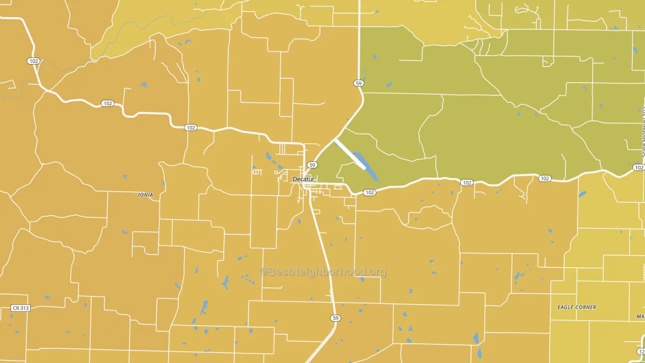 Map of the best neighborhoods in the Decatur area, with better matches in green and worse matches in red
