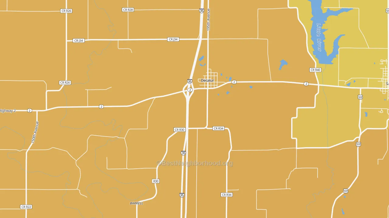 Map of the best neighborhoods in the Decatur City area, with better matches in green and worse matches in red