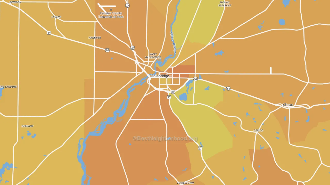 Map of the best neighborhoods in the Decatur County area, with better matches in green and worse matches in red