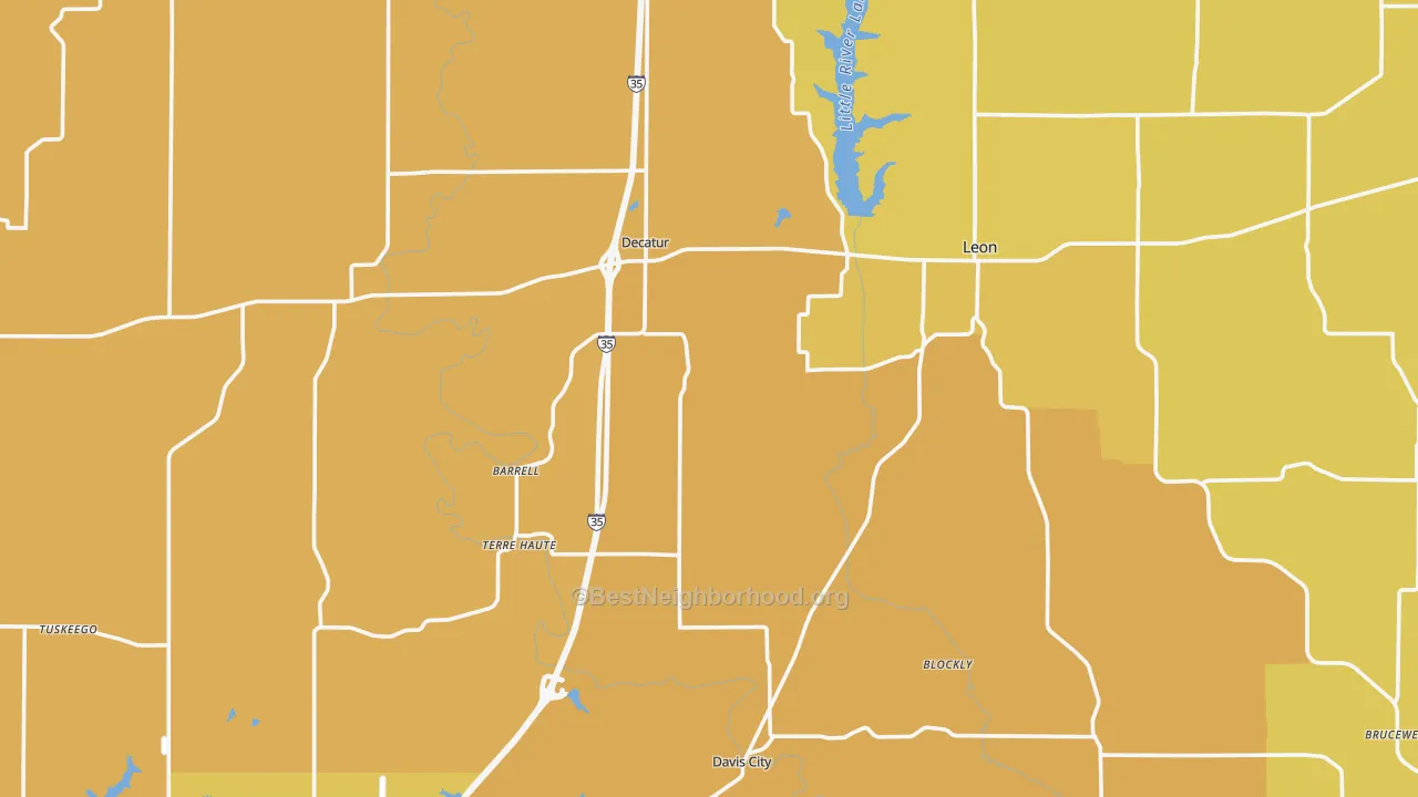 Map of the best neighborhoods in the Decatur County area, with better matches in green and worse matches in red