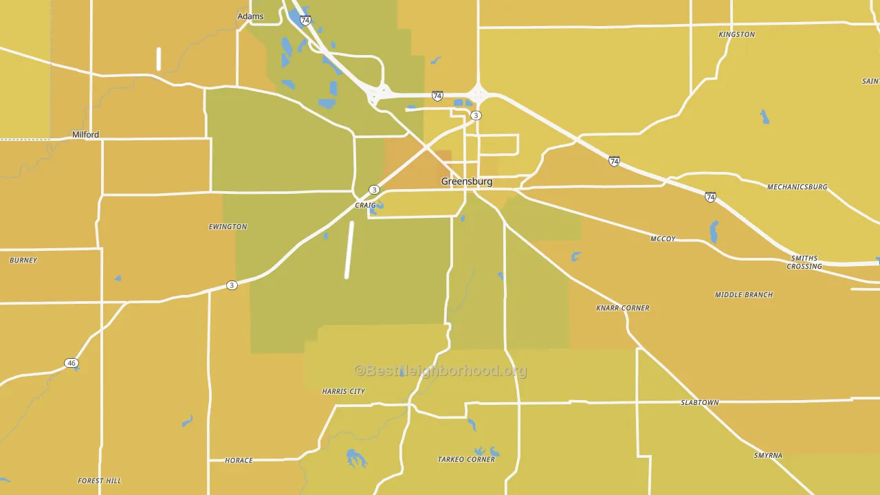 Map of the best neighborhoods in the Decatur County area, with better matches in green and worse matches in red