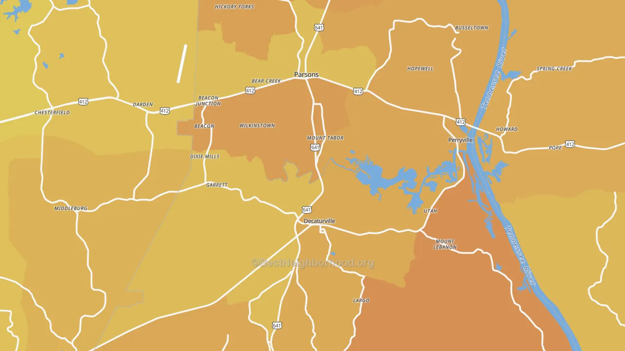 Map of the best neighborhoods in the Decatur County area, with better matches in green and worse matches in red