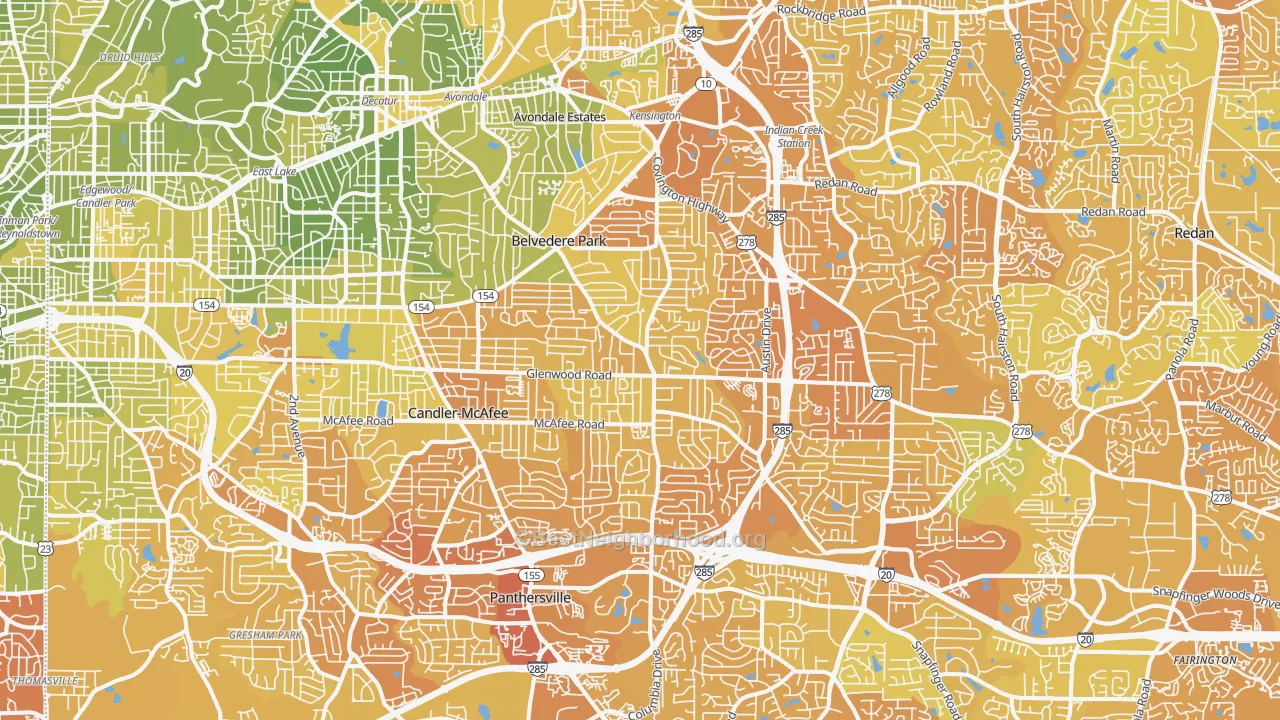 Map of the best neighborhoods in the Decatur area, with better matches in green and worse matches in red