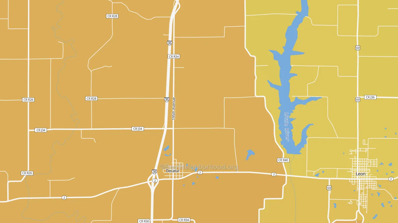 Map of the best neighborhoods in the Decatur area, with better matches in green and worse matches in red