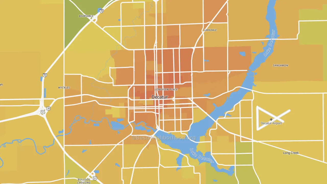 Map of the best neighborhoods in the Decatur Metro area, with better matches in green and worse matches in red