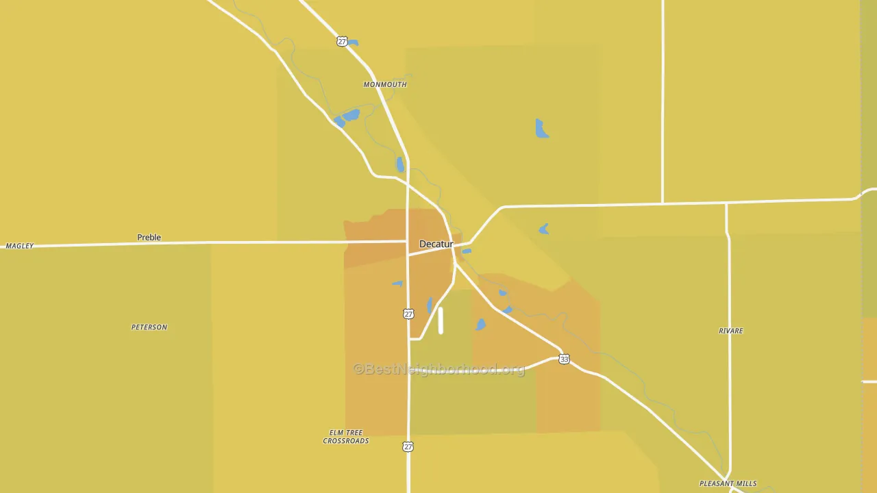 Map of the best neighborhoods in the Decatur area, with better matches in green and worse matches in red
