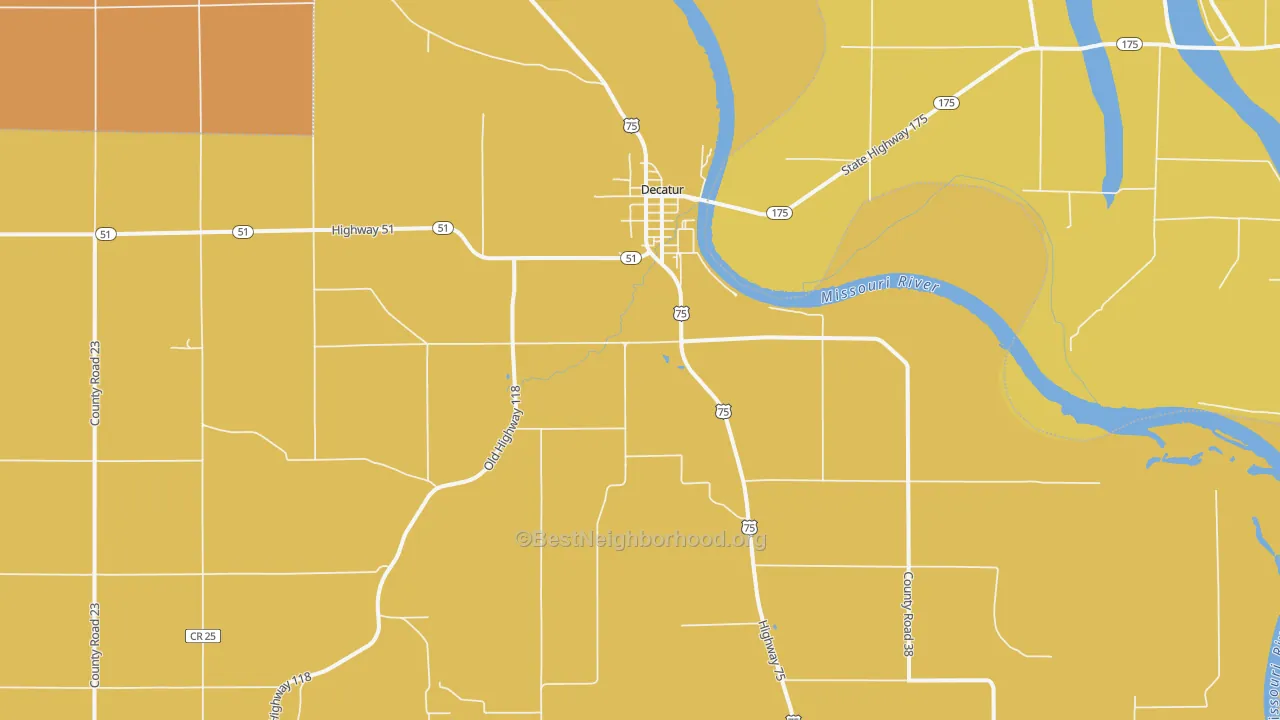 Map of the best neighborhoods in the Decatur area, with better matches in green and worse matches in red