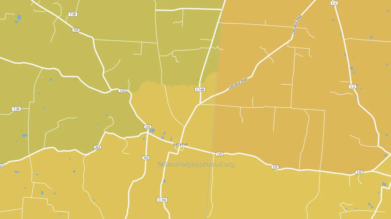 Map of the best neighborhoods in the Decatur area, with better matches in green and worse matches in red