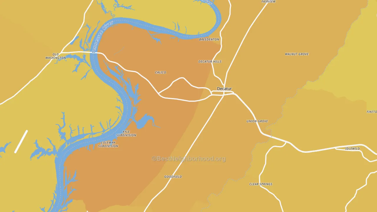 Map of the best neighborhoods in the Decatur area, with better matches in green and worse matches in red