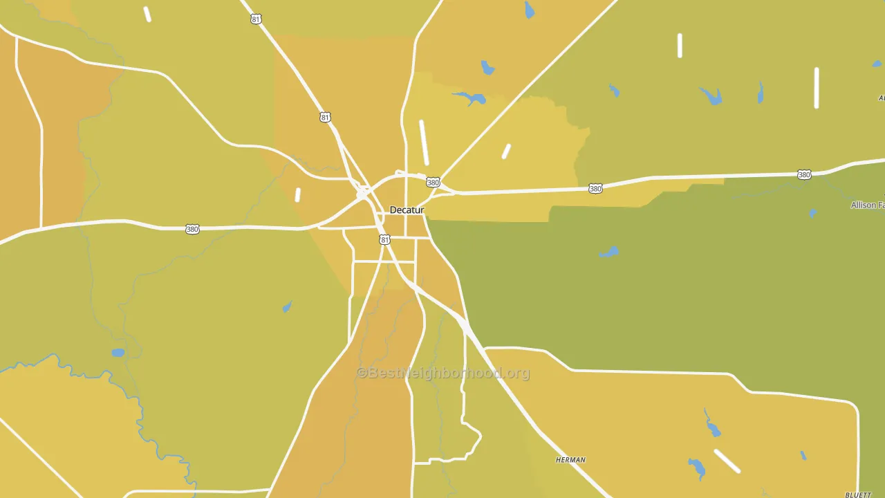 Map of the best neighborhoods in the Decatur area, with better matches in green and worse matches in red