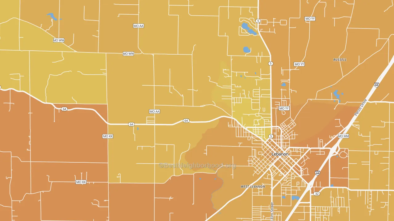 Map of the best neighborhoods in the Decaturville area, with better matches in green and worse matches in red