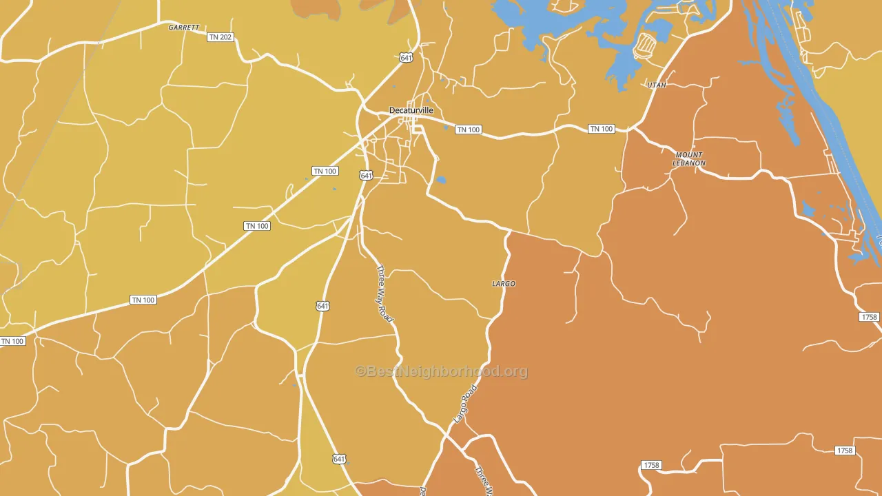 Map of the best neighborhoods in the Decaturville area, with better matches in green and worse matches in red