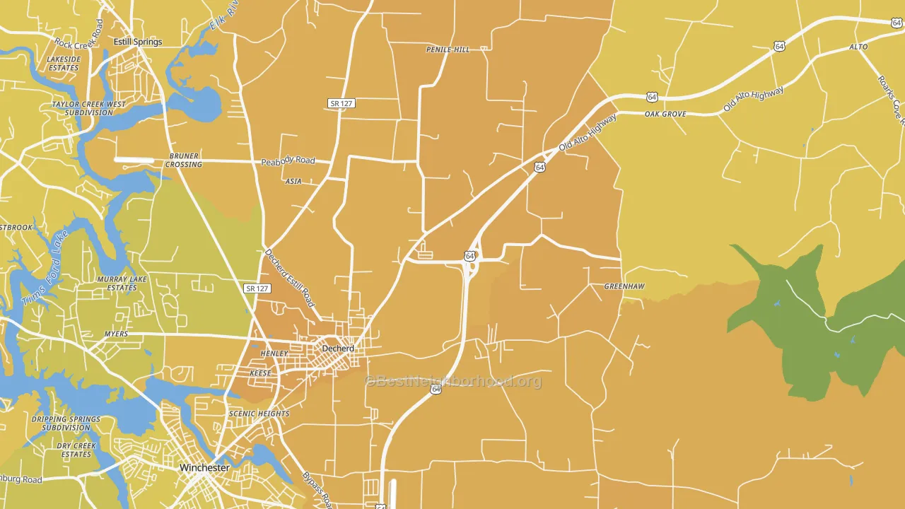 Map of the best neighborhoods in the Decherd area, with better matches in green and worse matches in red
