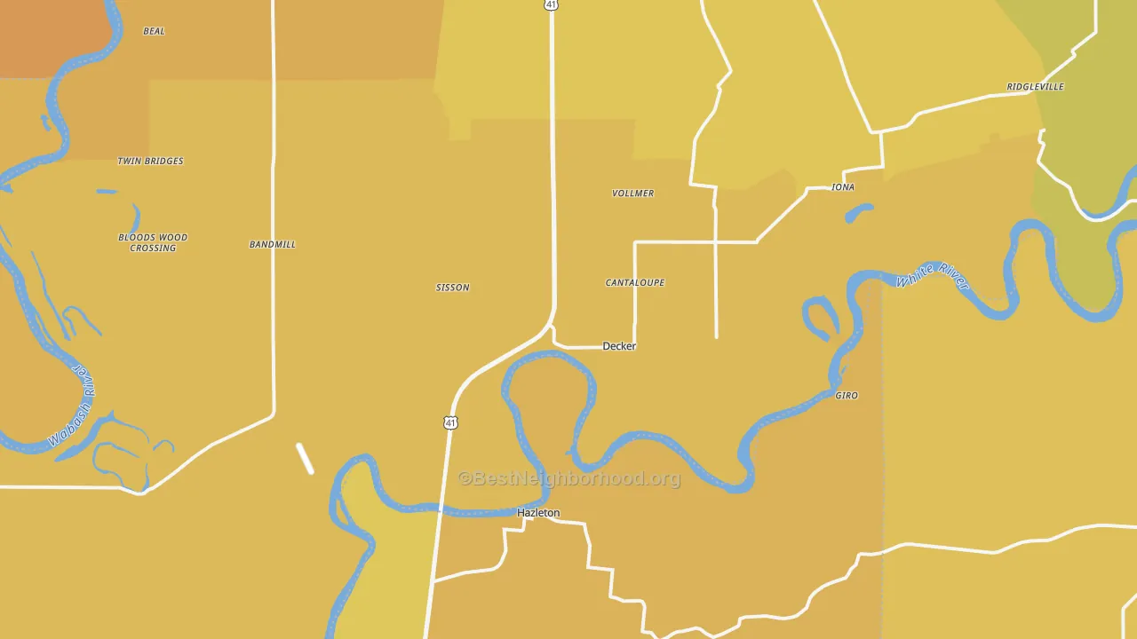 Map of the best neighborhoods in the Decker area, with better matches in green and worse matches in red