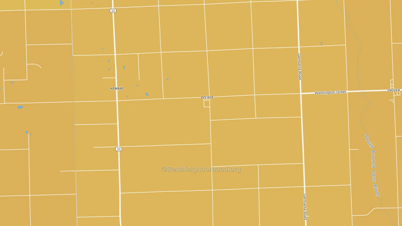 Map of the best neighborhoods in the Decker area, with better matches in green and worse matches in red