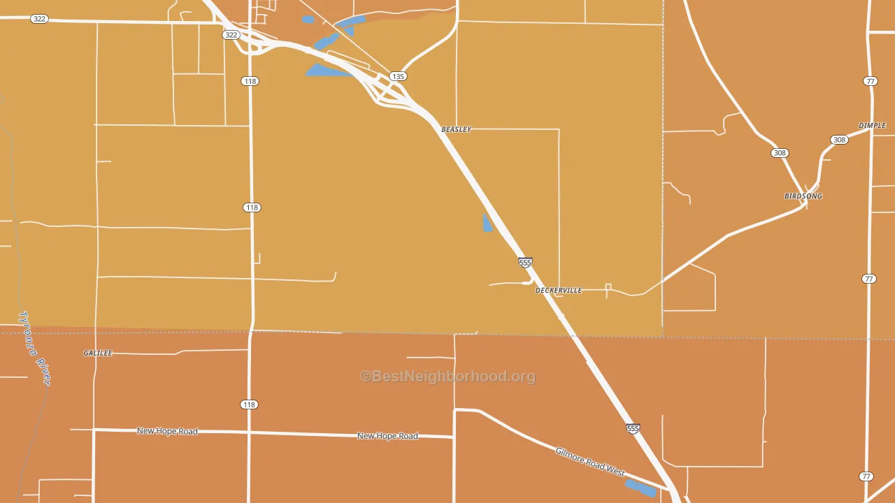 Map of the best neighborhoods in the Deckerville area, with better matches in green and worse matches in red