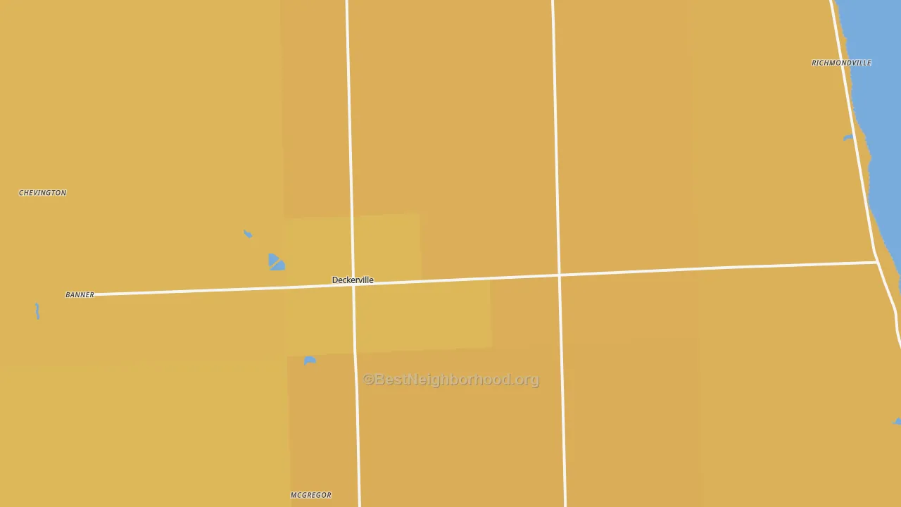 Map of the best neighborhoods in the Deckerville area, with better matches in green and worse matches in red