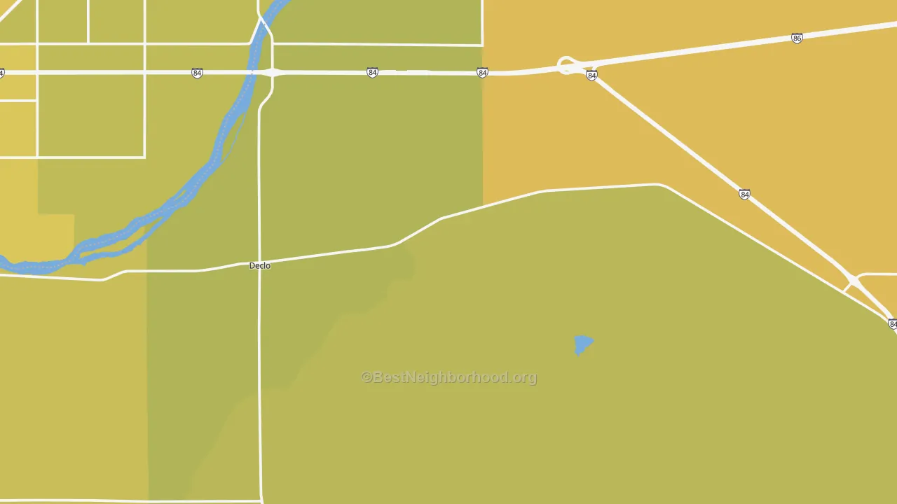 Map of the best neighborhoods in the Declo area, with better matches in green and worse matches in red