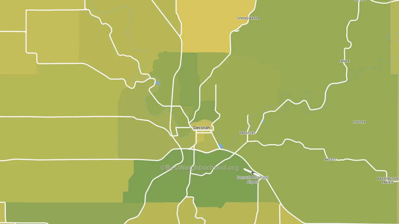 Map of the best neighborhoods in the Decorah area, with better matches in green and worse matches in red