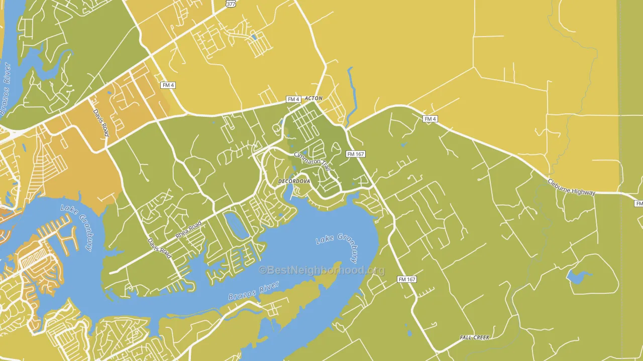 Map of the best neighborhoods in the DeCordova area, with better matches in green and worse matches in red