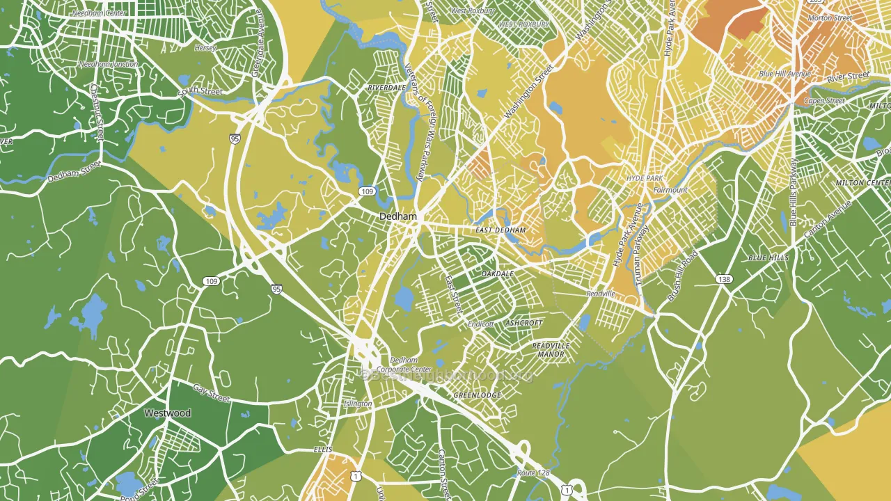Map of the best neighborhoods in the Dedham area, with better matches in green and worse matches in red