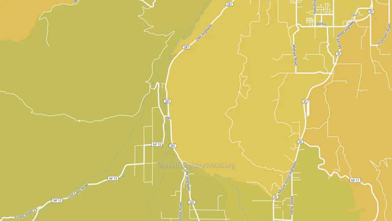 Map of the best neighborhoods in the Dee area, with better matches in green and worse matches in red