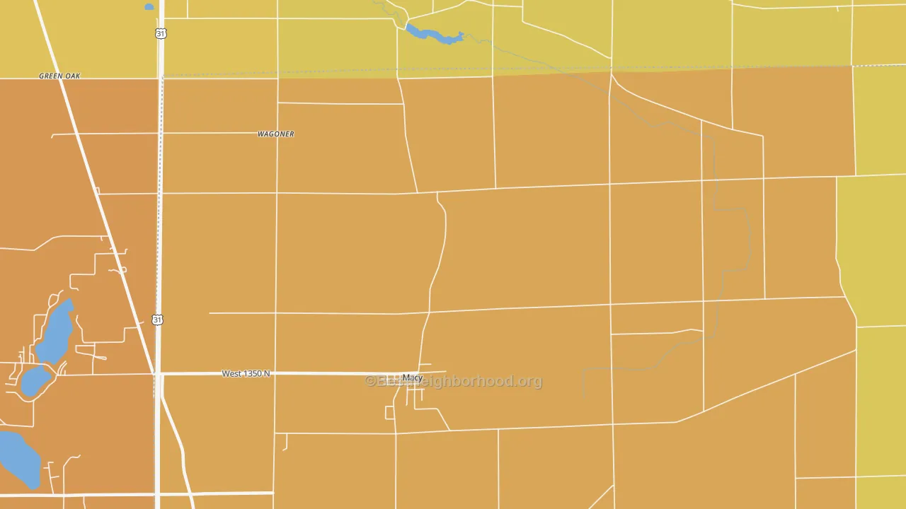 Map of the best neighborhoods in the Deedsville area, with better matches in green and worse matches in red