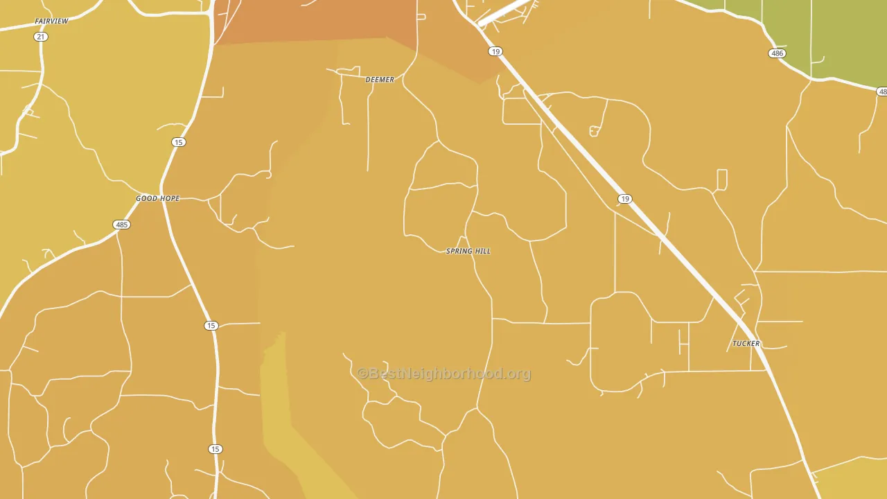 Map of the best neighborhoods in the Deemer area, with better matches in green and worse matches in red