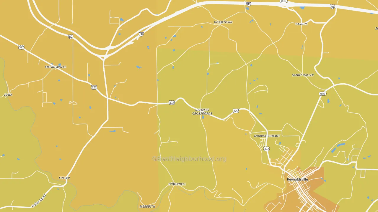 Map of the best neighborhoods in the Deemers Cross Roads area, with better matches in green and worse matches in red