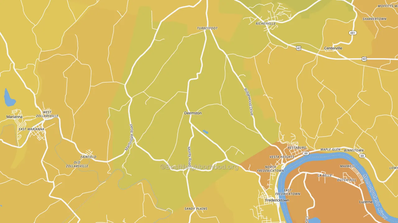 Map of the best neighborhoods in the Deemston area, with better matches in green and worse matches in red